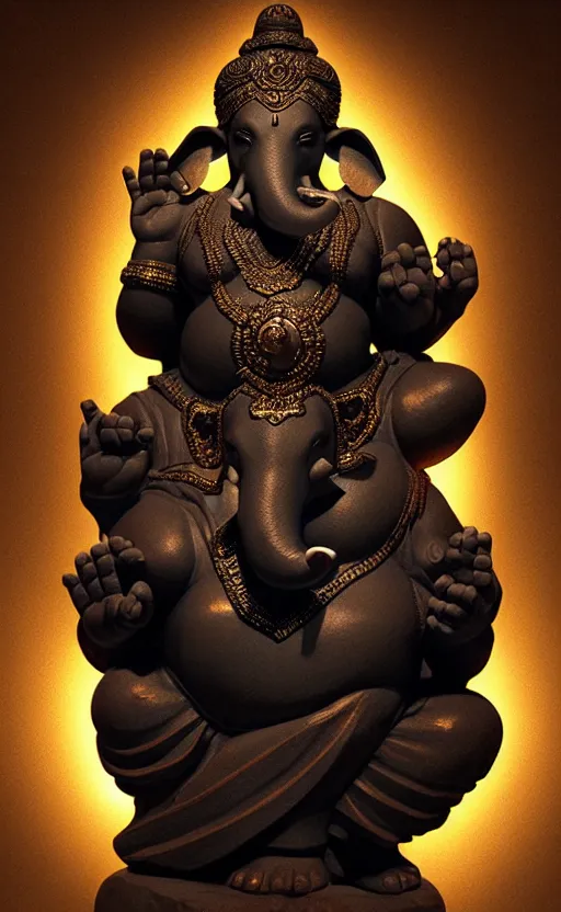 Prompt: a black statue of lord ganesha, backlight, trending on artstation, volumetric lighting, atmospheric portrait, highly detailed, art by greg rutkowski and alphonse mucha