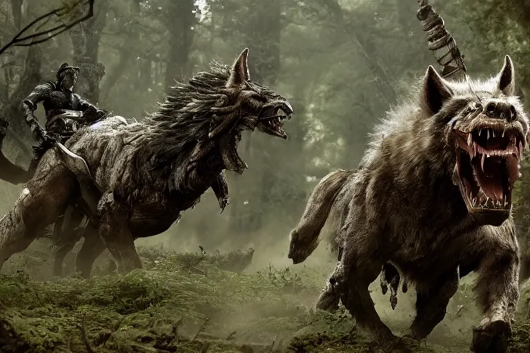 Image similar to vfx movie closeup detailed ancient armored warrior orc hunting riding large wolf in the forest, natural lighting by emmanuel lubezki