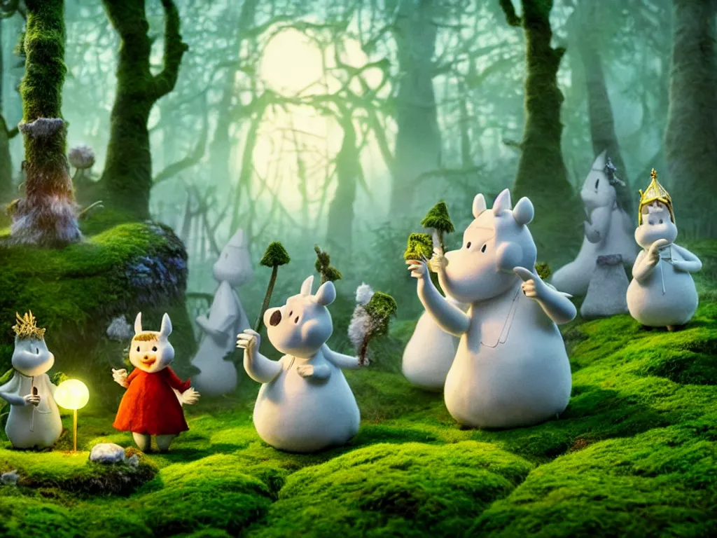 Image similar to the moomins wearing fluffy knight armor discovering the enchanted forest full of magic trees, giant mushrooms and moss and many fairies glowing in the dark, photorealistic painting, cgi, low volumetric light, movie still, very cute and cozy and fluffy and sweet