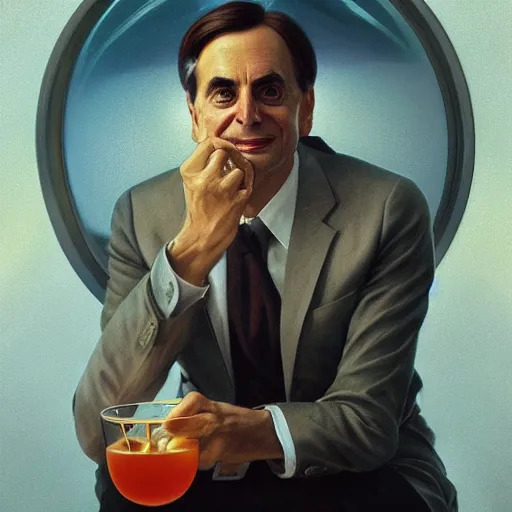 Prompt: portrait painting of carl sagan drinking a martini, ultra realistic, concept art, intricate details, serious, highly detailed, photorealistic, octane render, 8 k, unreal engine. art by artgerm and greg rutkowski and alphonse mucha