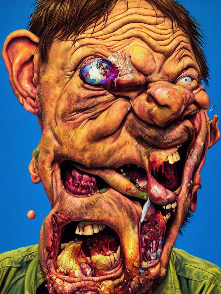 Image similar to hyper realistic painting, head of mark e smith from the fall laughing maniacally, outer glow, by chuck close, lisa frank, simon bisley, and richard corben, very intense, depth of field, depth perception, hyperdetailed, rich deep vivid colours, sharp focus, directional lighting
