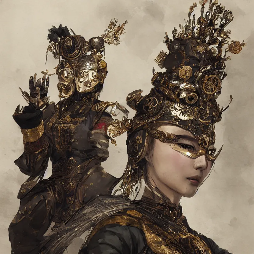 Prompt: ancient chinese princess with steampunk mask, dynasty warriors, elegant, unreal engine, 8 k, silver and gold color scheme, headshot, highly detailed, smooth, ink painting, artstation, concept art, in style of yoji shinkawa, pan ren wei, col price, atey ghailan, by greg rutkowski, aesthetic