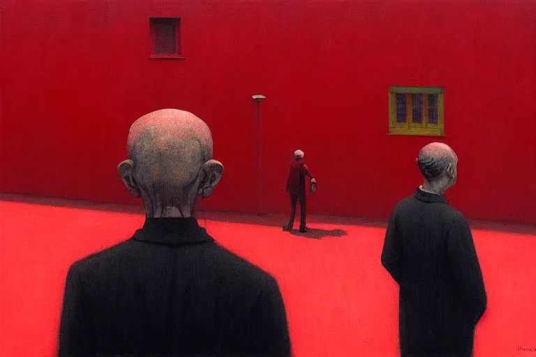 Prompt: only with red, a red old stylish man try to sell a portrait, crowd cheering, in a city square, in the style of beksinski, parts by edward hopper, parts by rodcenko, parts by yue minjun, intricate and epic composition, red by caravaggio, insanely quality, highly detailed, masterpiece, red light, artstation, 4 k