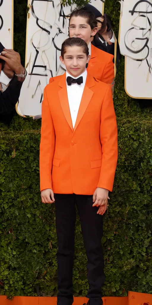 Image similar to 'young Shia LaBeouf wearing a frosty orange cross-cross weaved bamboo royal tuxedo'