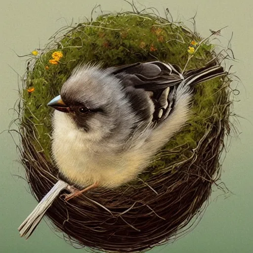 Image similar to long shot of a very fluffy sparrow chick nesting in a floral cup, esao andrews, by m. w. kaluta, by artgerm, humorous illustration, hyperrealistic, tilt shift, warm colors, night scenery, low light, 3 d octane render, 4 k, volumetric lights, smooth, cosy atmosphere, conceptart, hyperdetailed, trending on deviantart