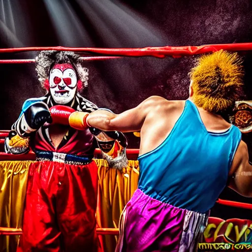 Prompt: clowns boxing in the ring, clown makeup, clown makeup, circus clowns, clowns, a clown throwing a punch, hbo showtime, sports photography, high speed photo, hdr