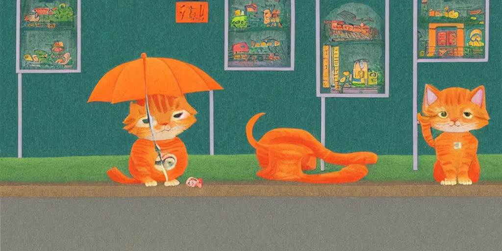 Image similar to an orange tabby kitten waiting in the rain in chuncheon by richard scarry