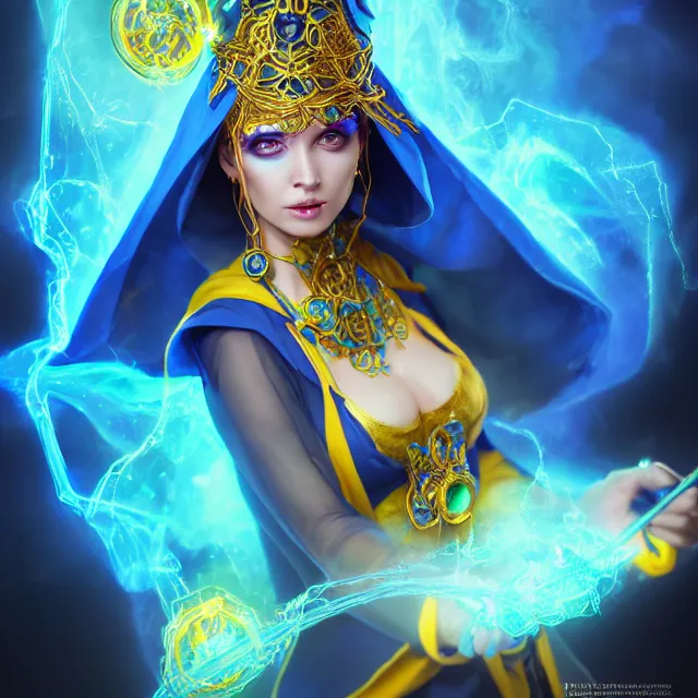 Prompt: beautiful elemental electric witch with ornate blue andyellow robes and staff, highly detailed, 4 k, hdr, smooth, sharp focus, high resolution, award - winning photo, artgerm, photorealistic