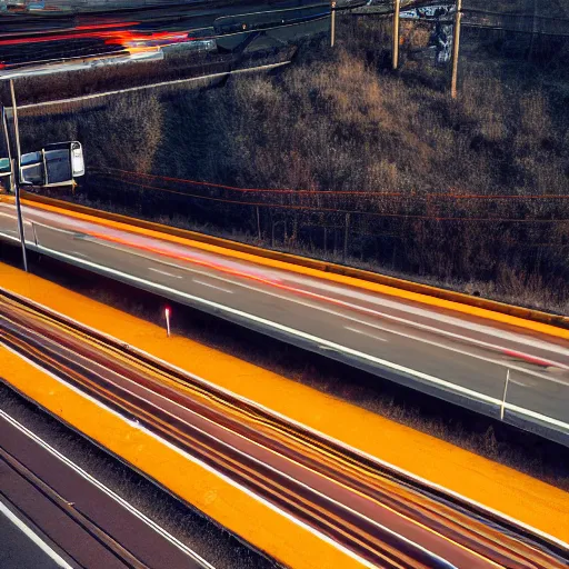 Image similar to a stunning aesthetic wallpaper of a city highway full of traffic with a train track and bus lane nearby, photograph by clemens ascher, 8 k, soft focus, cinematic lighting, trending on flicker, super resolution.