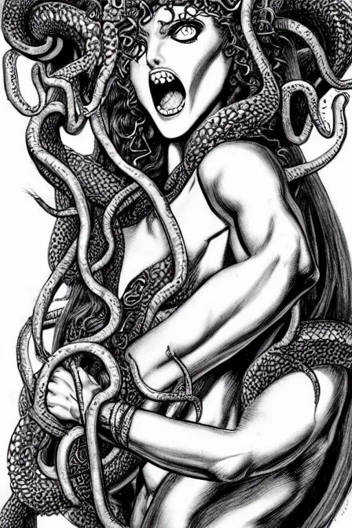 Prompt: beautiful head of medusa from greek mythology in berserk manga, angelina jolie seductive expression, big snakes heads with open mouth, snakes in place of hair, manga drawing, by kentaro miura