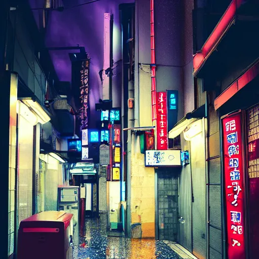 Prompt: Rainy Japanese alleyway with a vending machine, neon lights, powerlines hanging above, in the style of Makoto Shinkai