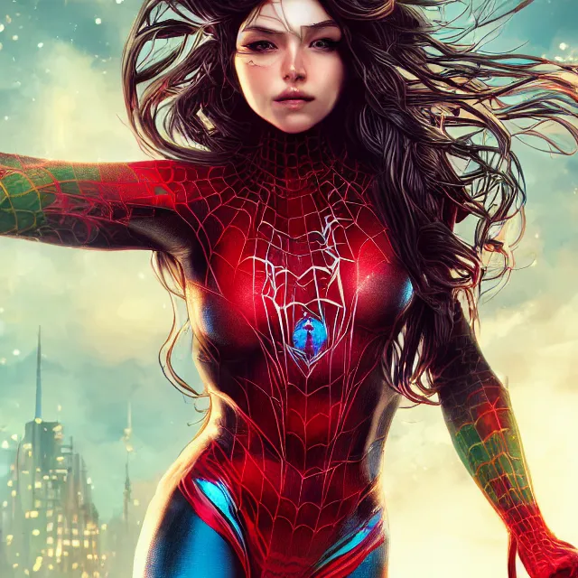 Image similar to spiderwoman, centred, very long hair, hd, hyperdetailed illustration by irakli nadar, intricate linework, bright colors, octopath traveler, final fantasy, unreal engine 5 highly rendered, global illumination, radiant light