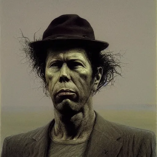 Image similar to portrait of Tom Waits by Zdzislaw Beksinski
