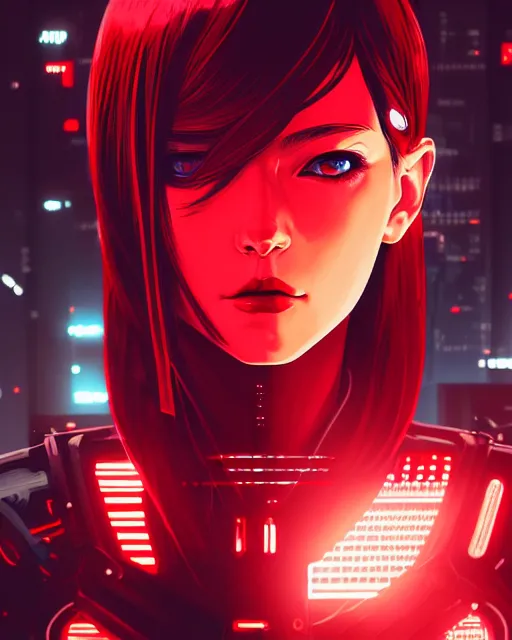 Image similar to a detailed potrait of a cyberpunk cyborg girl with black and red parts, perfect face, realistic shaded perfect face, detailed. night setting. very anime style. realistic shaded lighting poster by ilya kuvshinov katsuhiro, unreal engine, global illumination, radiant light, detailed and intricate environment