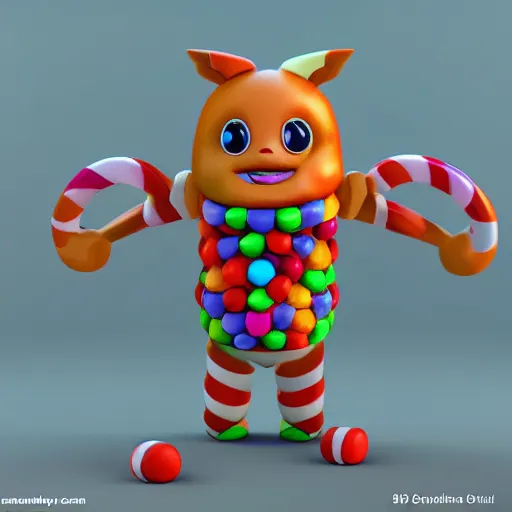 Image similar to candy game character concept, blender 3d render, ortographic