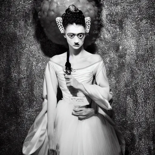 Prompt: natalia dyer as the bride of frankenstein, universal, movie, photography, portrait, beautiful,