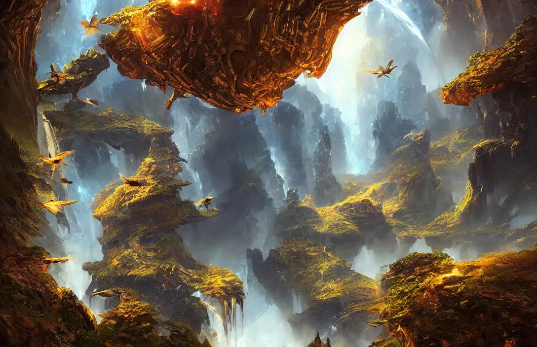 Prompt: a huge arc far away in the style of stephan martiniere, detailed dreamscape, hyperreal phantastic, intricate details in environment, golden ratio, high aestehtic, waterfalls and lakes, cinematic light dramatic light, lightrays, flying birds in distance, trending on artstation