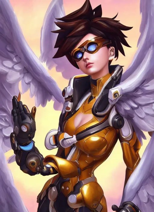 Image similar to full body oil painting of tracer overwatch in the style of artgerm, angel wings, angelic golden armor, dramatic painting, symmetrical composition, ornate, high detail, gold detailed collar!!!!!, blooming, lights, flowers, detailed face,