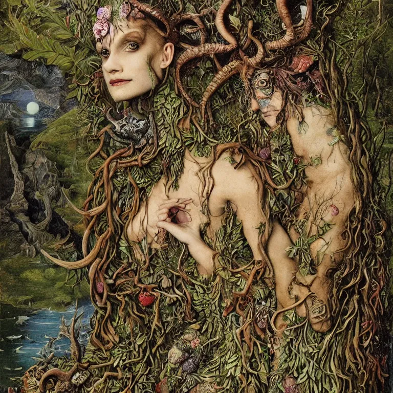 Image similar to a grinning druid dryad with goat pupils transforming herself into a mad beast. her skin is covered in scales and feathers. landscape with mountains, river and night sky. painted by jan van eyck, max ernst and ernst haeckel, trending on artstation, 8 k, award winning, hard lighting, fashion editorial, mythology, ernst fuchs