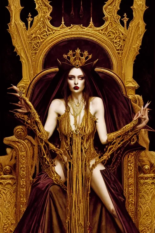 Prompt: perfectly centered portrait of beautiful vampire queen in gold gothic robe sitting on a throne of bones, elegant, ornate, detailed, symmetrical, painting by gaston bussiere, craig mullins, j. c. leyendecker, 8 k, mid shot