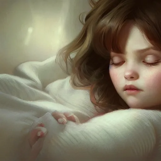 Prompt: little girl in pajamas sleeping, realistic portrait, highly detailed, digital painting, artstation, concept art, smooth, sharp focus, illustration, cinematic lighting, art by artgerm and greg rutkowski and alphonse mucha