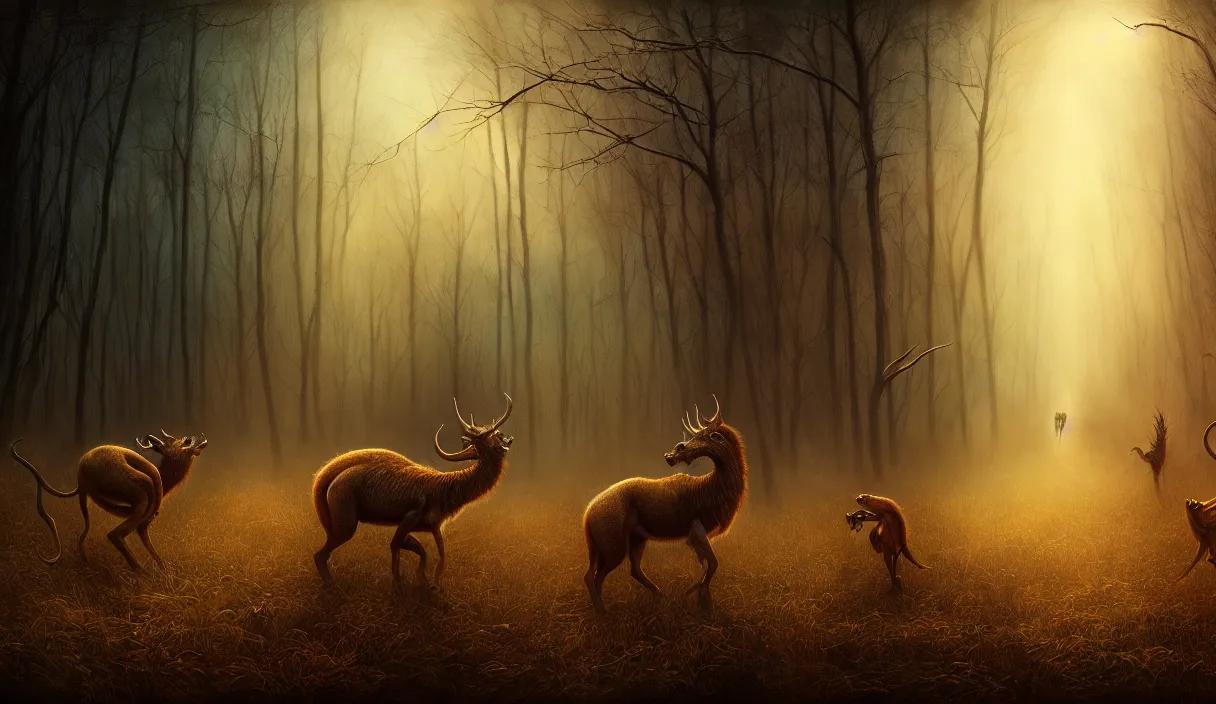 Prompt: epic professional digital art of hungry eyes, ambient golden light, painted, mysterious, cinematic prairie terrifying animals scene, eerie, mythic, detailed, intricate, grand, leesha hannigan, wayne haag, reyna rochin, ignacio fernandez rios, mark ryden, van herpen, artstation, cgsociety, epic, stunning, gorgeous, wow wow detail