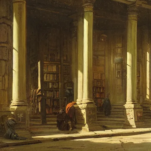 Prompt: painting of a scifi ancient civilzation victorian book shop with pillars on a sidewalk, andreas achenbach