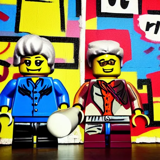 Image similar to studio lightning, macro lens photo, lego minifigures of Andy Warhol and Basquiat are painting on canvas