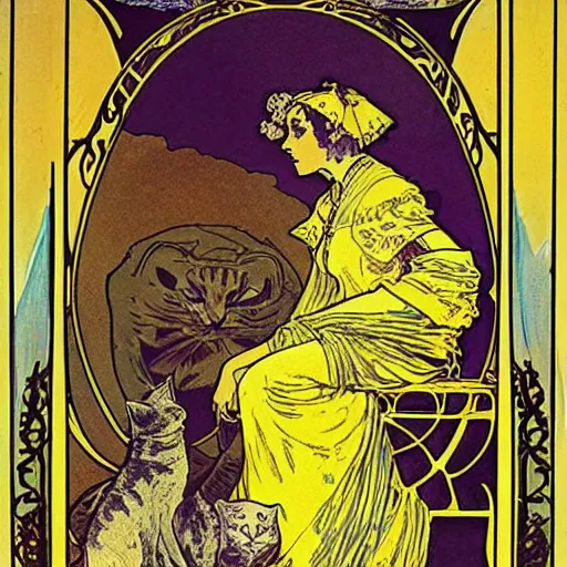 Image similar to a posters of Gypsy lady doing tarot card reading inside a gypsy caravan surrounded by cats in art nouveau from 1878, Alphonse Mucha, decorative panels, yellow paper, soft outline