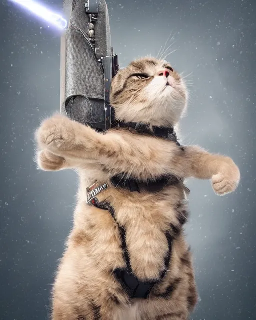 Image similar to cat with jet pack and a laser gun and cyborg blue left eye, standing on his back legs, photorealistic, 8 k render cycles, smooth, complex, insanely detailed, art by woo kim, antilous chao