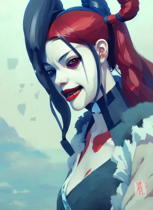 Image similar to portrait of harley quinn, cloudy sky background lush landscape illustration concept art anime key visual trending pixiv fanbox by wlop and greg rutkowski and makoto shinkai and studio ghibli