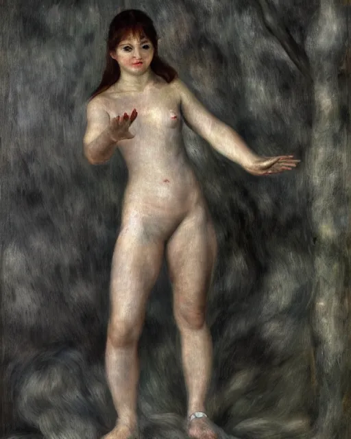 Prompt: draconic humanoid, pudica pose gesture, by renoir, in a white room, ultra - realistic and intricate, hdr 8 k