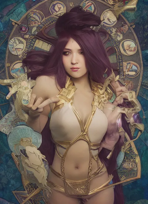 Image similar to league of legends advertisement photography by mucha, extremely coherent, sharp focus, elegant, render, octane, detailed, award winning photography, masterpiece, rim lit