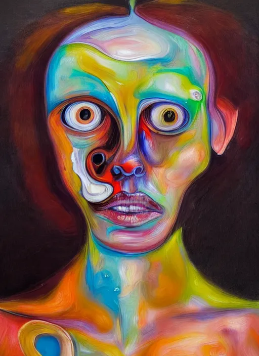 Prompt: a strange, biomorphic painting of a woman with large eyes, in vibrant colours in the style of jenny saville, in the style of charlie immer, highly detailed, emotionally evoking, head in focus, volumetric lighting, oil painting, timeless disturbing masterpiece