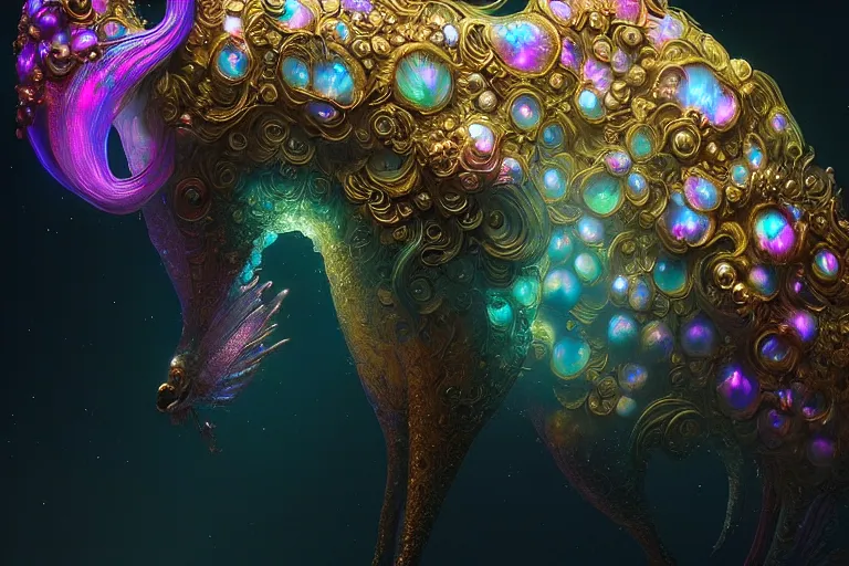 Image similar to iridescent opalescent animal, backlit, warm tones, bioluminescent : by michal karcz, daniel merriam, victo ngai and guillermo del toro : ornate, dynamic, particulate, intricate, elegant, highly detailed, centered, artstation, smooth, sharp focus, octane render