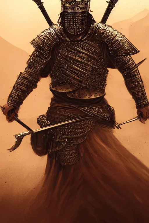 Image similar to Portrait of a king in the desert, Medieval Warrior fighting in a dark scene, detailed scene, Armour and Crown, highly detailed, blood and dust in the air, action scene, cinematic lighting, dramatic lighting, trending on artstation, elegant, intricate, character design, motion and action and tragedy, fantasy, D&D, highly detailed, digital painting, concept art