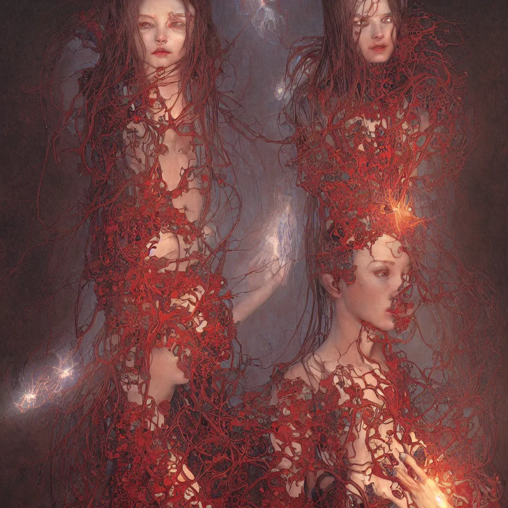 Image similar to bella poarch by chris mars and beksinski, red veins by alphonse mucha, intense lighting, light beams, lens flare, intricate, elegant, nightmare, highly detailed, digital painting, artstation, concept art, smooth, sharp focus, illustration