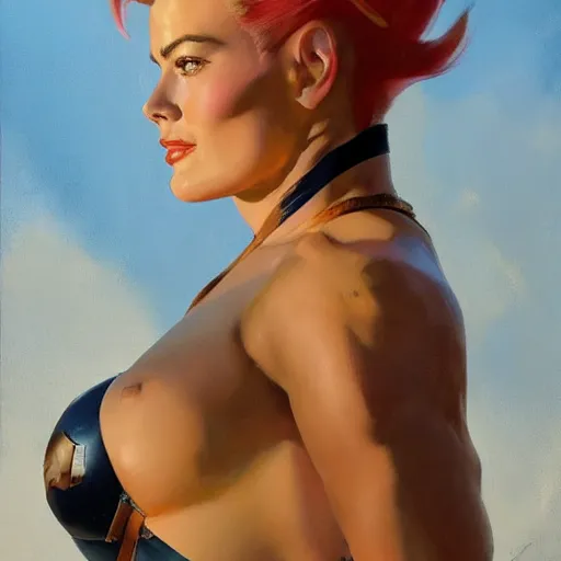 Prompt: greg manchess portrait of margot robbie as zarya from overwatch, epic grimdark, fantasy, medium shot, asymmetrical, profile picture, organic painting, sunny day, matte painting, bold shapes, hard edges, street art, trending on artstation, by huang guangjian and gil elvgren and sachin teng
