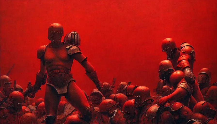 Prompt: only with red, an armored gladiator in a crowded roman amphitheatre, crowd cheering, in the style of beksinski and edward hopper and rodcenko and yue minjun and rolf armstrong, intricate and epic composition, red by caravaggio, highly detailed, masterpiece, red light, artstation