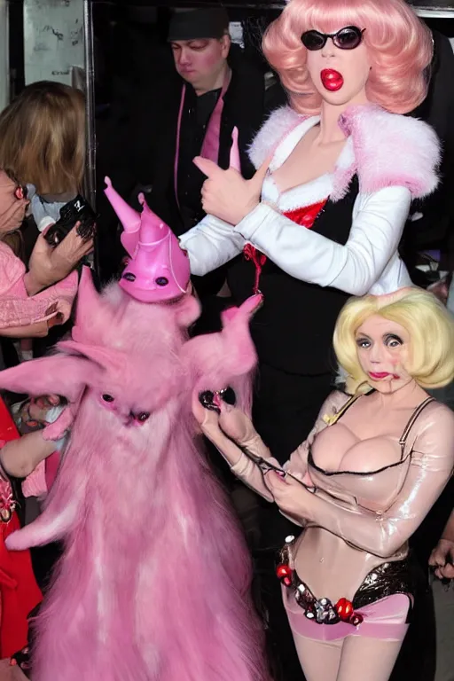 Prompt: Angelyne shoos away paparazzi holding cameras with salami lenses