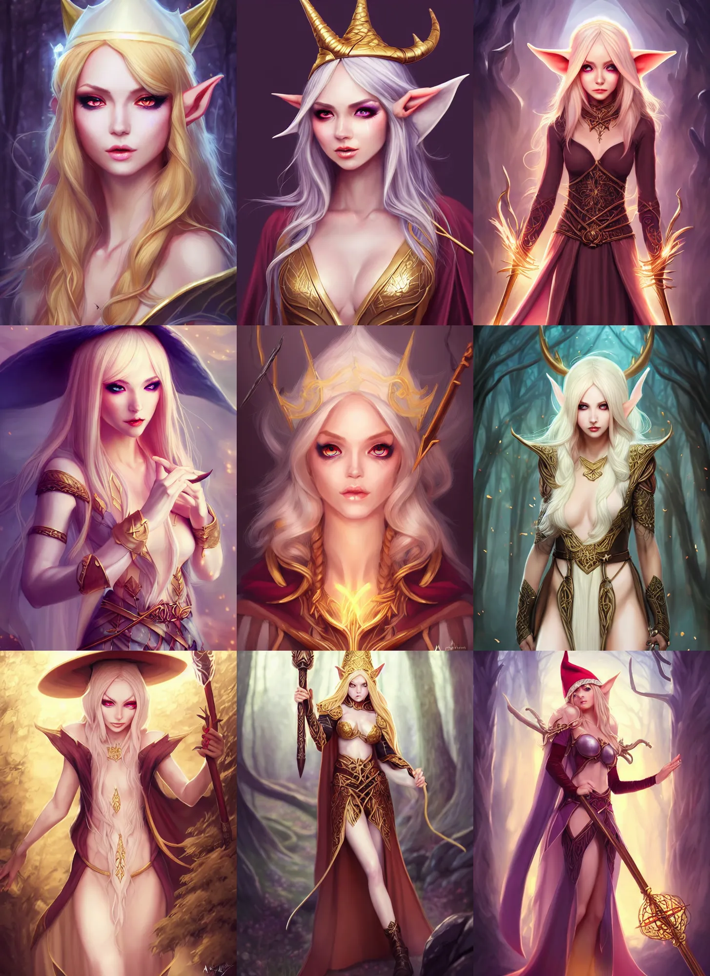 Image similar to full body portrait beautiful elf sorceress, skintight robes, hat, tunic, detailed face, golden hair, big red eyes, white skin, forest, scepter, high fantasy, extemely detailed, dnd, smooth, sharp focus, digital illustration, by artgerm, sakimichan, rossdraws