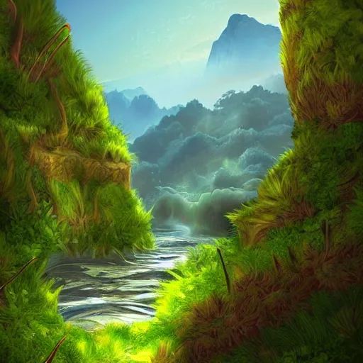 Image similar to digital painting of a lush natural scene on an alien planet by vincent. beautiful landscape. weird vegetation. cliffs and water. featured on deviantart.