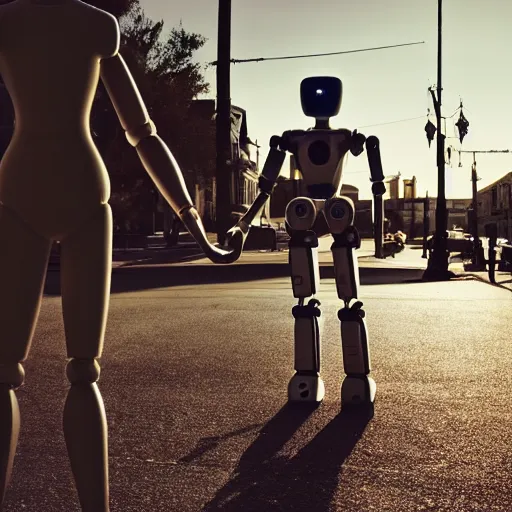 Prompt: a calming photograph of a tall, slender, humanoid robot caresses a beautiful woman in the face, large shot, wide shot, in a street, sunset photo