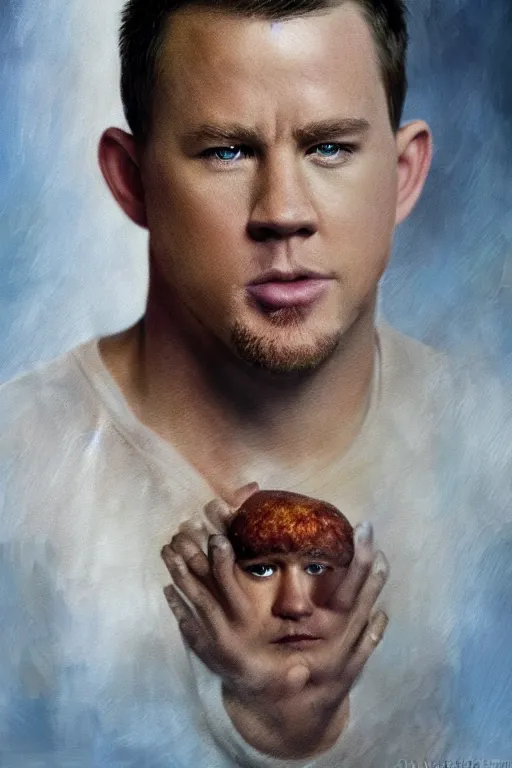 Image similar to a tater tot with channing tatum face, oil on canvas, intricate, 8 k highly professionally detailed, hdr, cgsociety