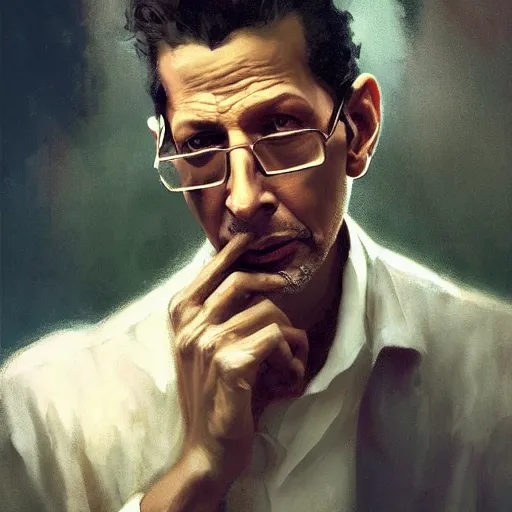 Image similar to hyperrealistic portrait of a man as jeff goldblum making a telephone noir call by jeremy mann and alphonse mucha, fantasy art, photo realistic, dynamic lighting, artstation, poster, volumetric lighting, very detailed faces, 4 k, award winning