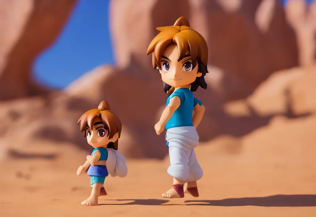 Prompt: side view of young aladdin as nendoroid walking in a desert village, 8 k, hd, dof, kodak film,