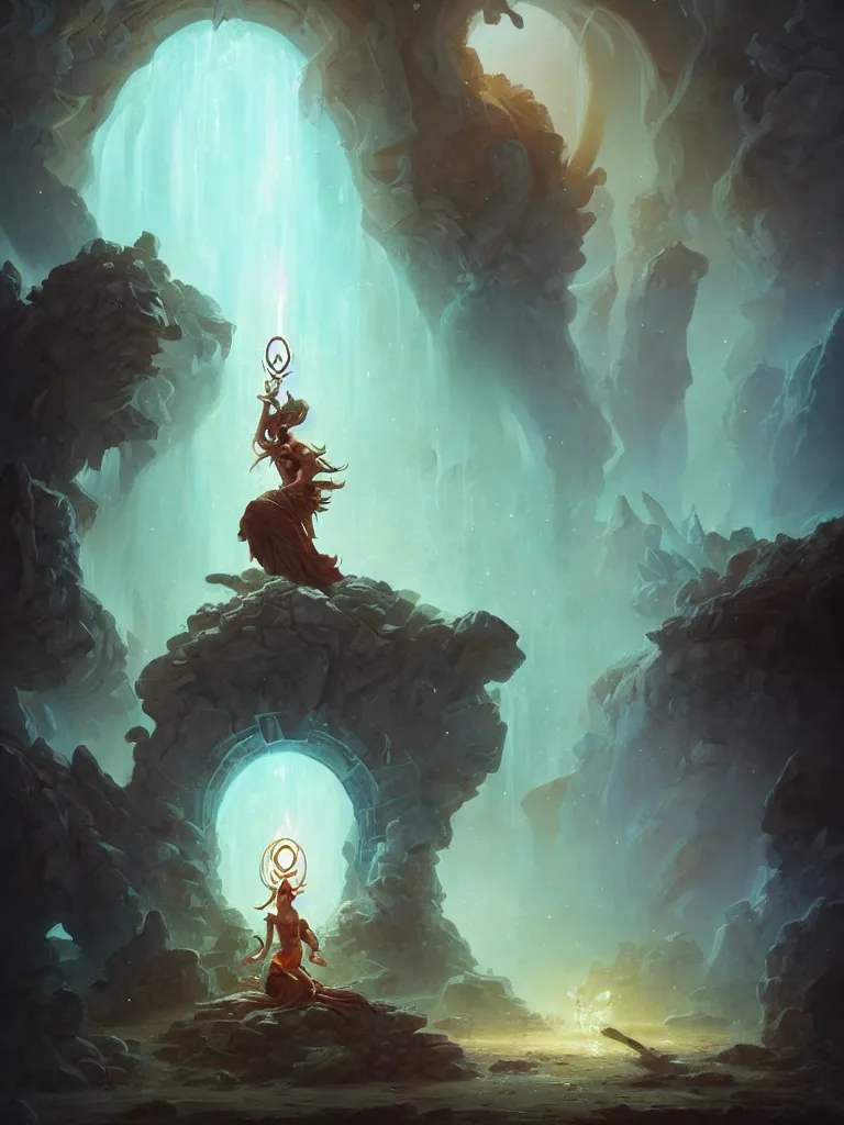 Prompt: elder pagan god rising from a magical portal inside mysterious ancient ruins, painted by peter mohrbacher, trending on artstation, character portrait, character concept art, dynamic lighting, beautiful character painting, mystical figure, closeup, vibrant colors, digital illustration by bjorn hurri, maxim verehin and tomas duchek