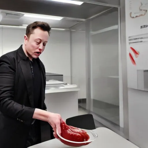 Prompt: elon musk pouring ketchup in a caja - madrid office.