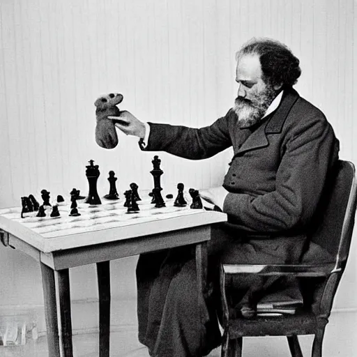 Prompt: Karl Marx playing chess against cat, photograph 1960, detailed