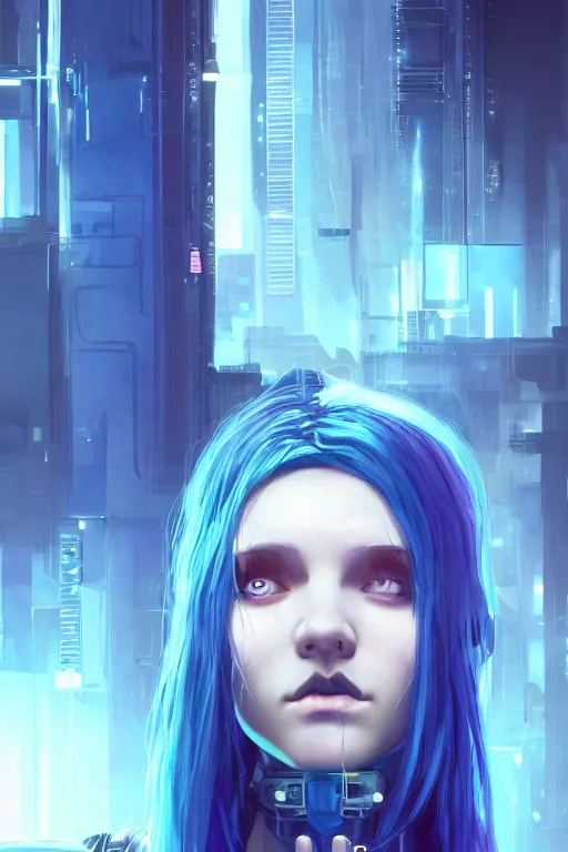 Image similar to A cyberpunk programmer girl with blue hair, depressed, works with AI, feels helpless, deep blues of AI tech office, cinematic lighting, hyper-detailed, cgsociety, 8k, high resolution, in the style of Charlie Bowater, Tom Bagshaw, Alexis Franklin, Elena Masci, Pawel Rebisz